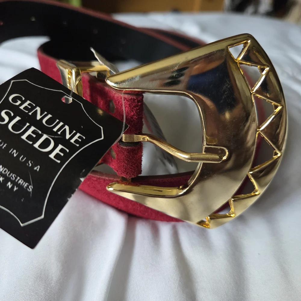 New Old Stock - Genuine Suede Vintage 90s Red Belt with Gold Buckle